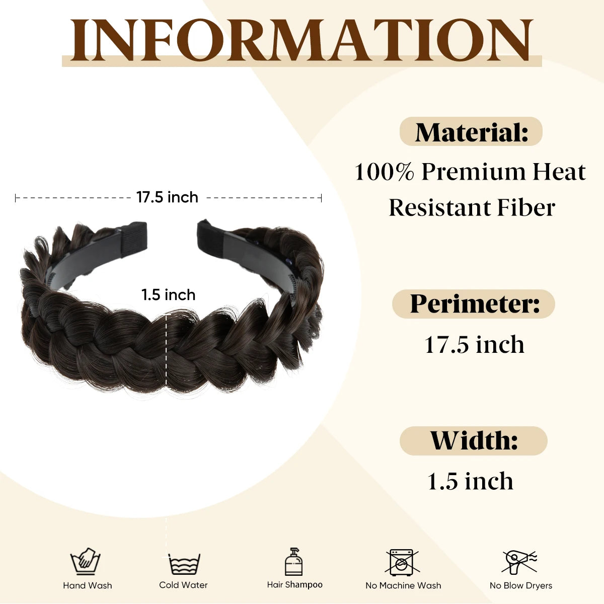 A black braided hair accessory made of premium heat resistant fiber with a 1.5 inch width and 17.5 inch perimeter.