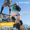 A person wearing olive green clothing is shown in a hiking context, emphasizing the use of black compression socks.