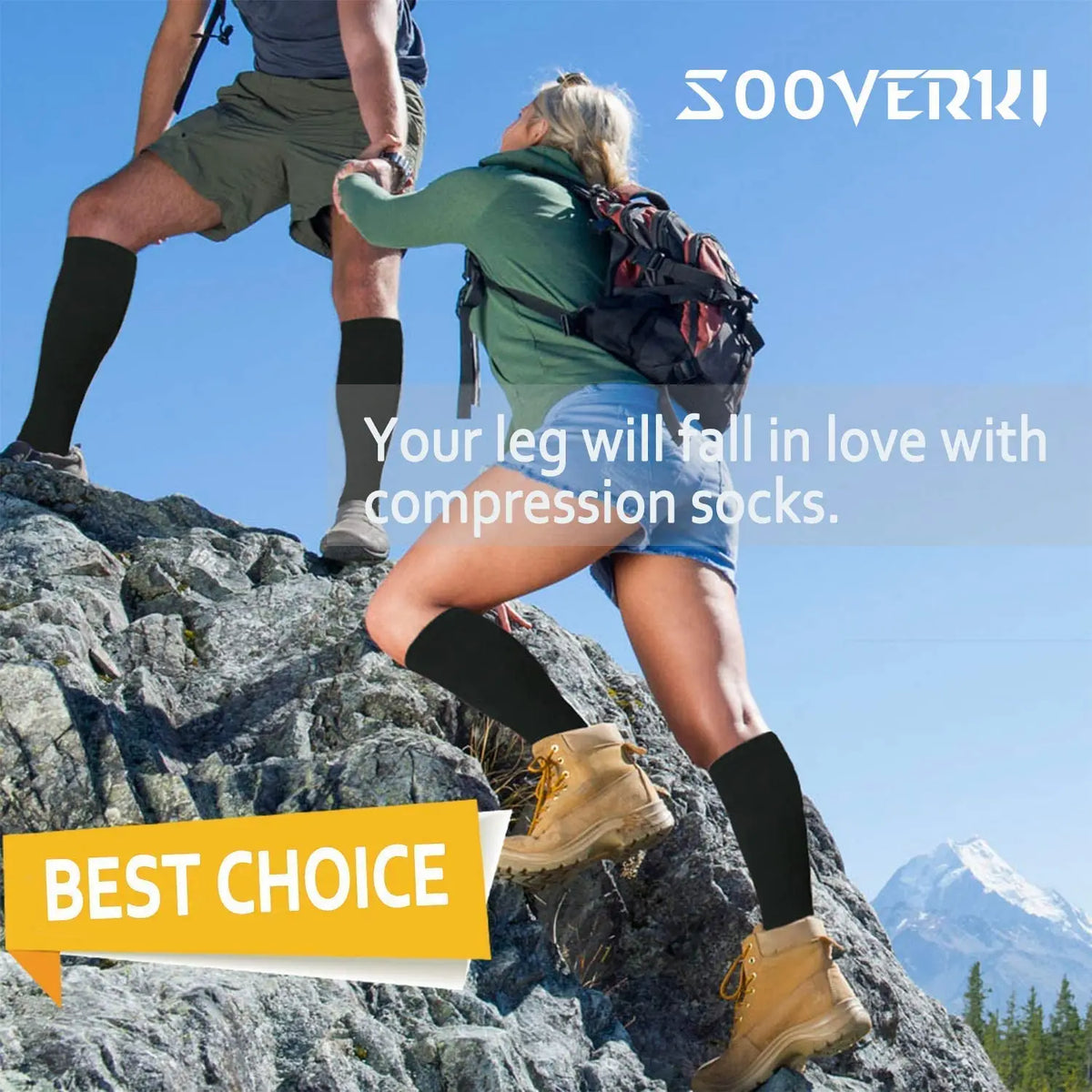 A person wearing olive green clothing is shown in a hiking context, emphasizing the use of black compression socks.