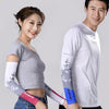 A woman and a man model 2-pack cooling UV protection arm sleeves on their arms.