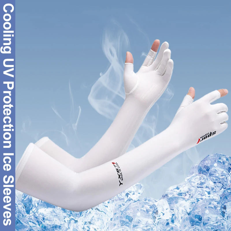 White UV protection arm sleeves being used in a cold, icy environment.