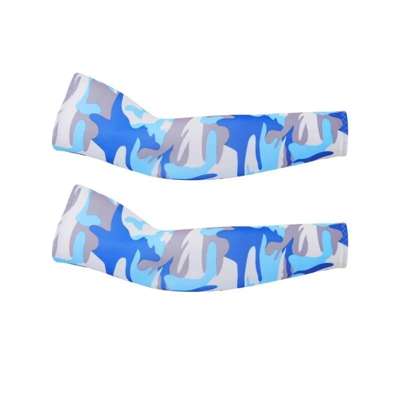 A pair of unisex cooling arm sleeves featuring a camouflage pattern in blue, gray, and white.