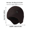 A dark brown knitted winter hat shown from the top, displaying its size and dimensions.