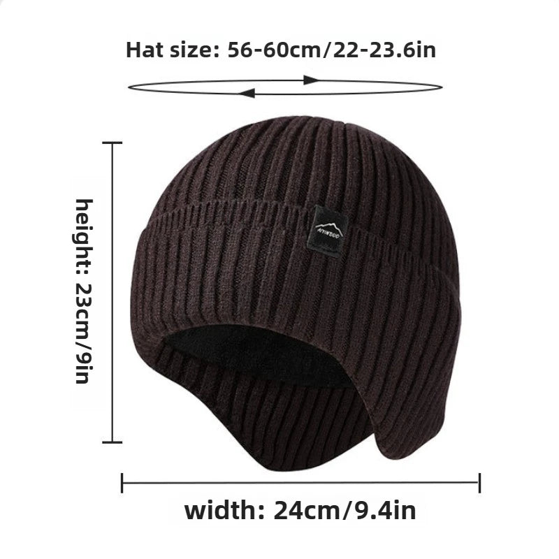 A dark brown knitted winter hat shown from the top, displaying its size and dimensions.