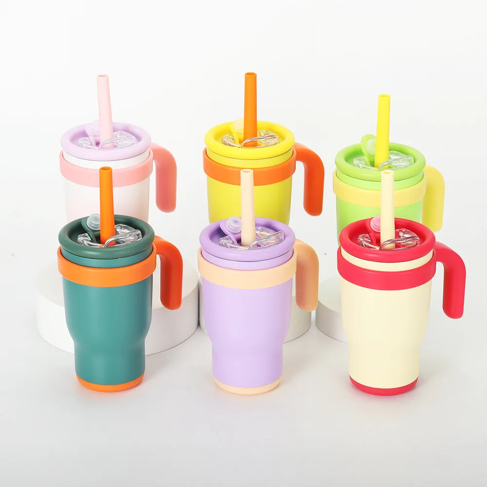 A set of colorful stainless steel travel mugs with lids and handles in various shades of pink, yellow, green, and purple.