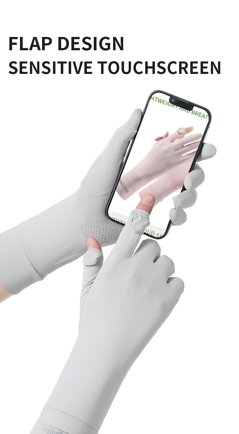 A hand wearing a light gray glove is touching a smartphone screen, demonstrating the flap design of a sensitive touchscreen.