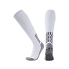 A pair of white football training socks for men, featuring a patterned toe and gray cuff.