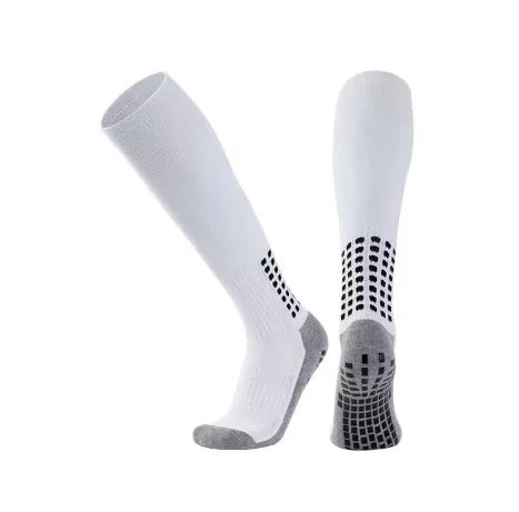 A pair of white football training socks for men, featuring a patterned toe and gray cuff.