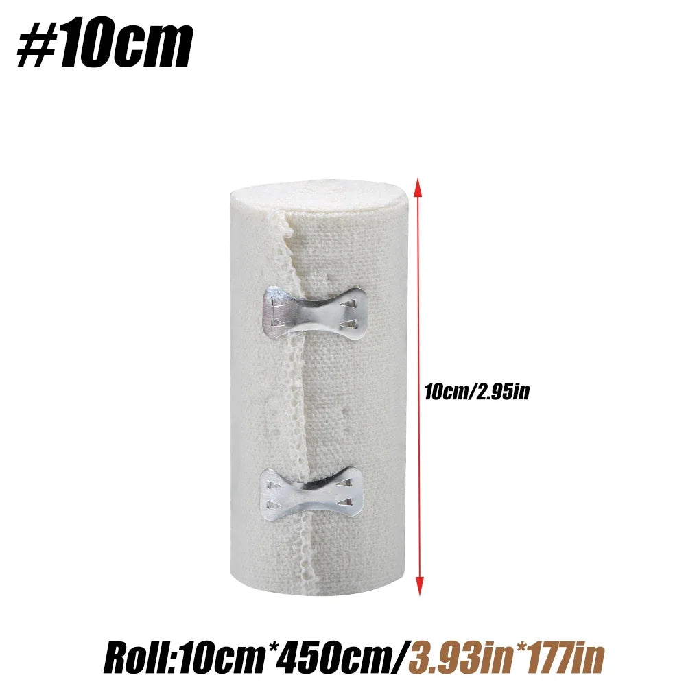 A roll of 10cm elastic compression bandage with silver fasteners.