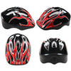 A set of black and red protective gear including a helmet, knee pads, and wrist guards for skating.