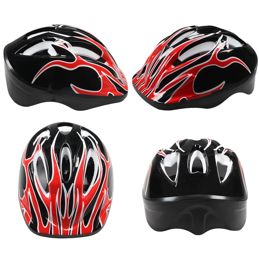 A set of black and red protective gear including a helmet, knee pads, and wrist guards for skating.