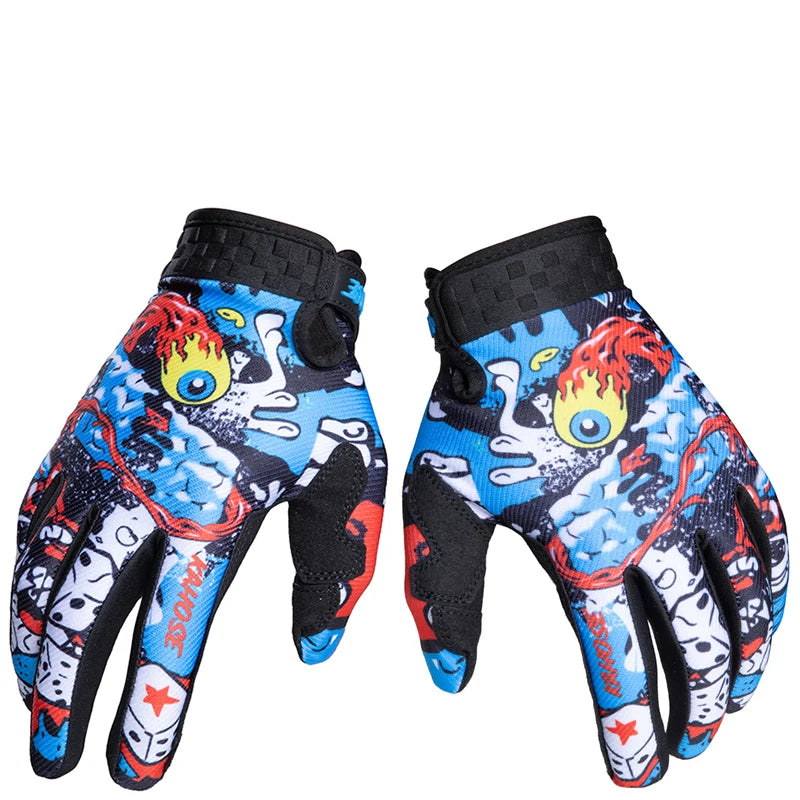 A pair of durable full-finger motocross and off-road cycling gloves featuring a blue and black design with flame accents.