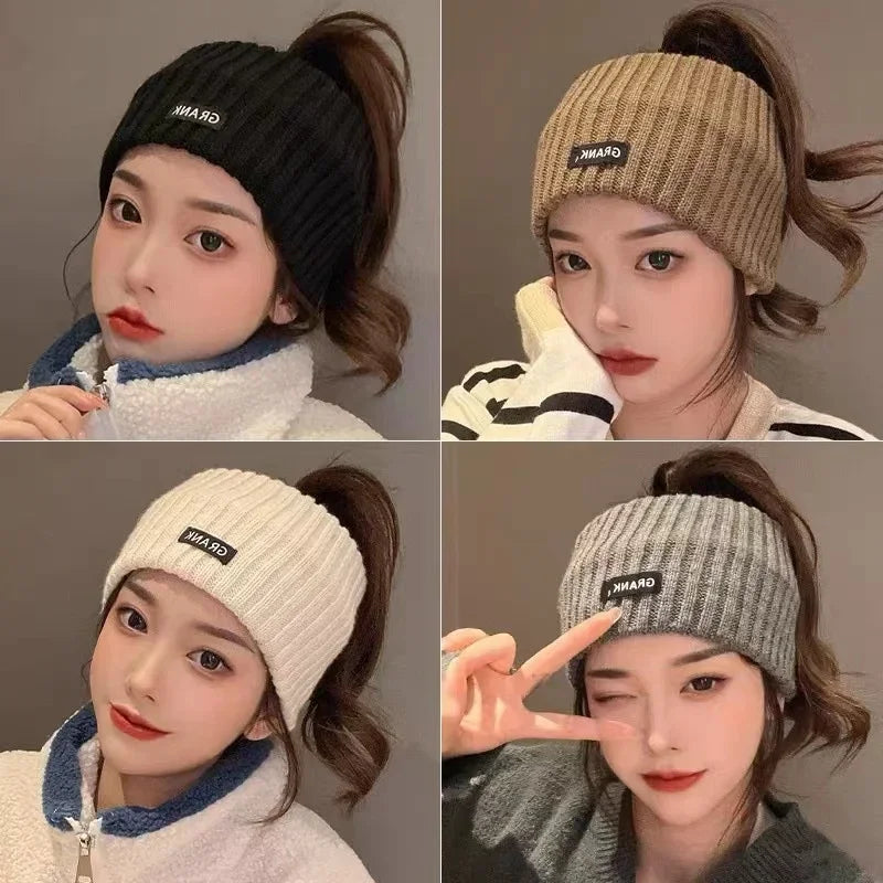 Close-up photos of a woman wearing a knitted beige headband in various styles and colors.