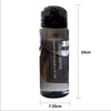 A clear sports water bottle with a black cap and black text on the body, shown from the side.