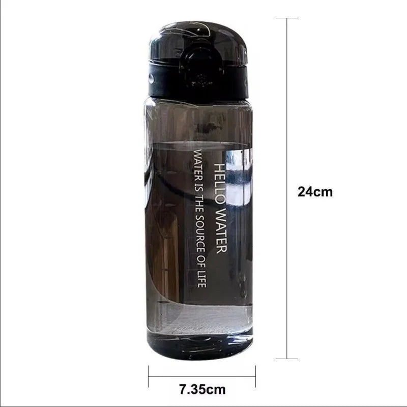 A clear sports water bottle with a black cap and black text on the body, shown from the side.