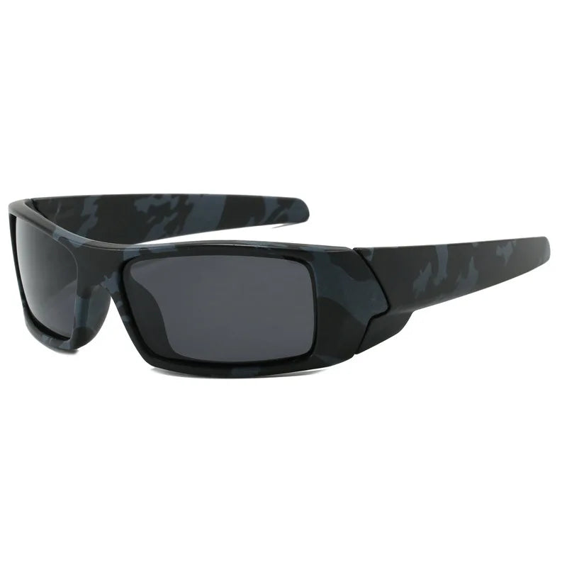 A pair of black camouflage polarized sunglasses with dark lenses and a matte finish.