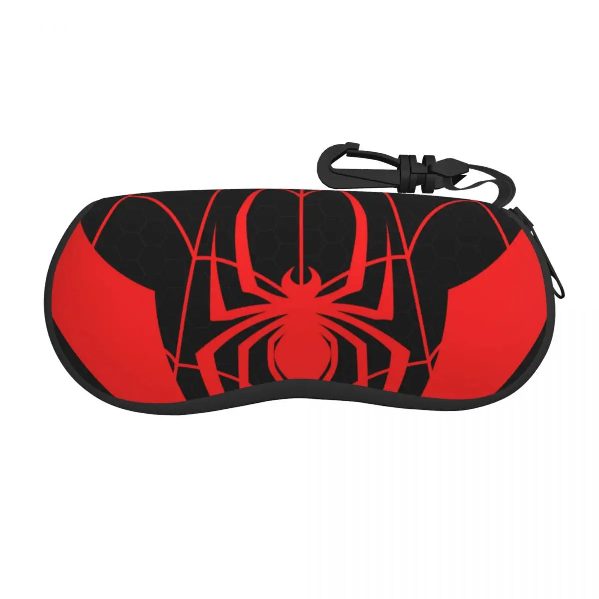 A black pouch with a red spider web design and a black strap.
