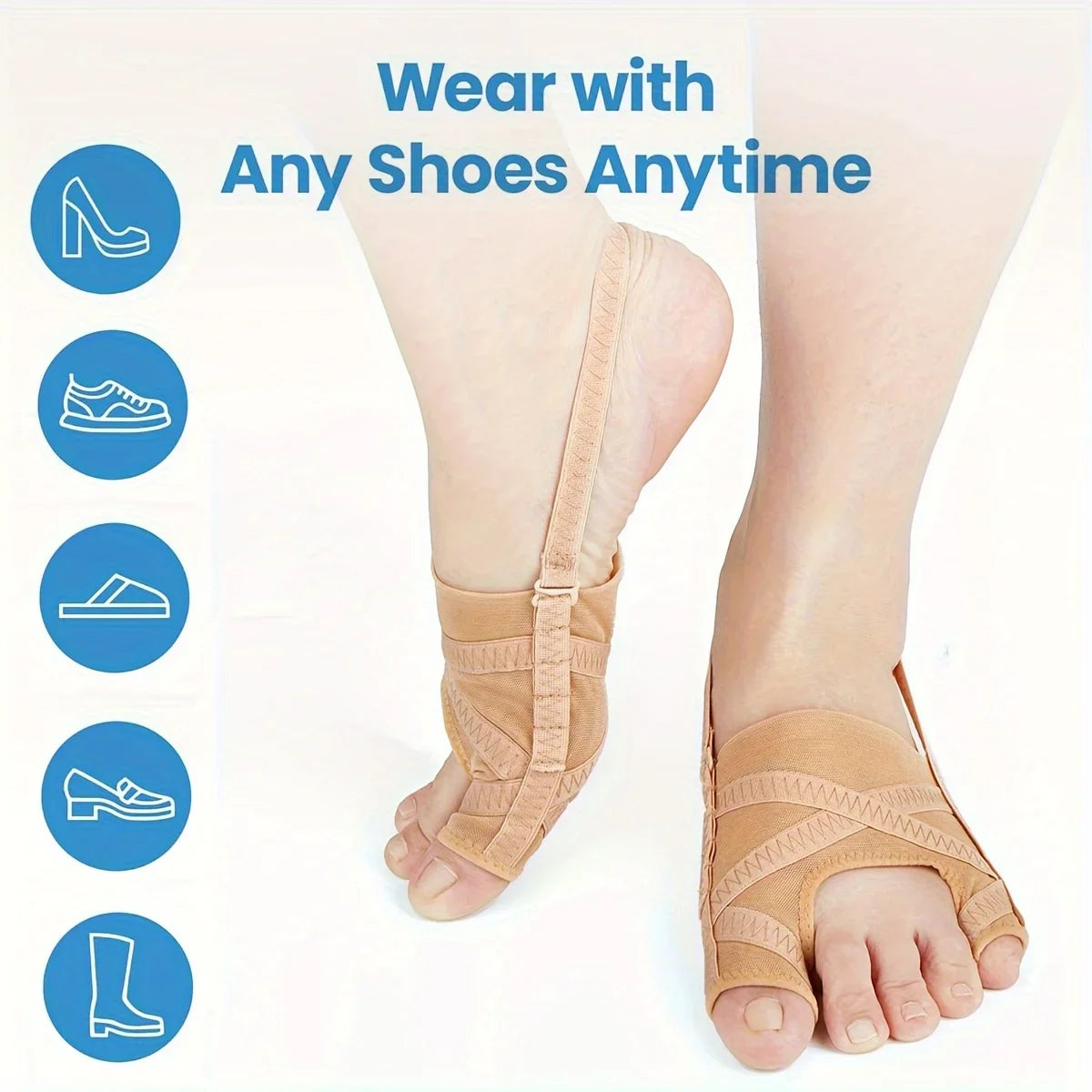 A pair of beige adjustable toe separators worn on a foot, demonstrating how to wear them with any shoes.