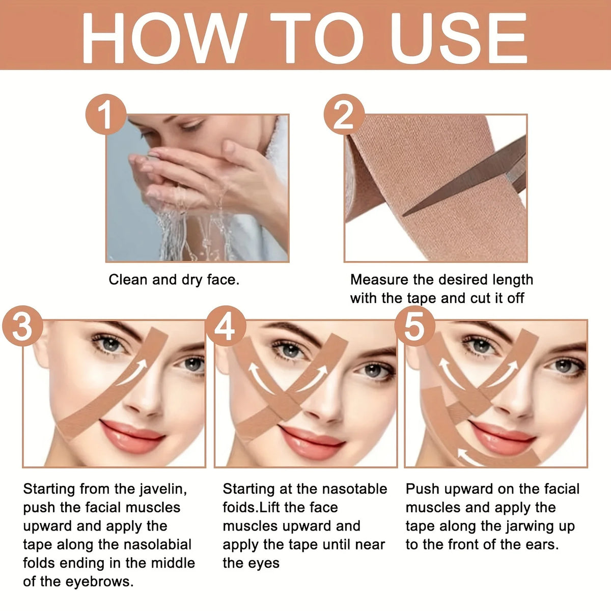 Instructions showing how to use wrinkle smoothing tape on the face and skin.
