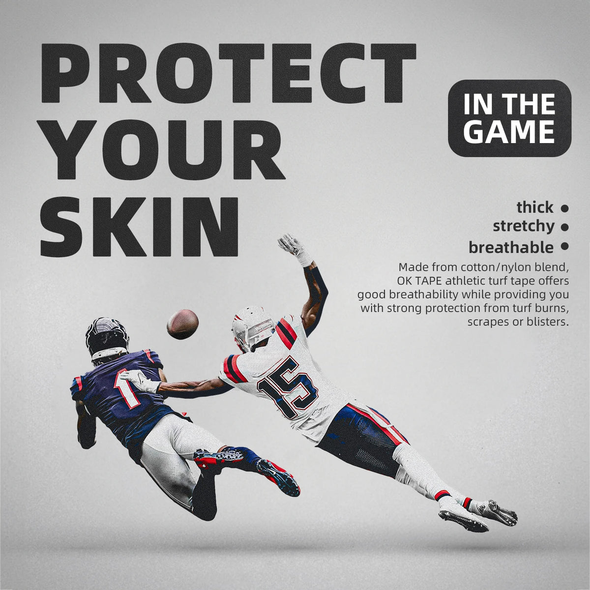 A football player wearing a helmet and uniform is applying extra wide kinesiology turf tape to his skin during a game.