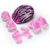 Set aus rosa und schwarz schützender Ausrüstung für Kinder, einschließlich Helm, Knieschoner und Ellbogenschützer.