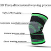 Black and neon green 3D woven knee pad with a bilateral pressure strap and elastic braiding protection.
