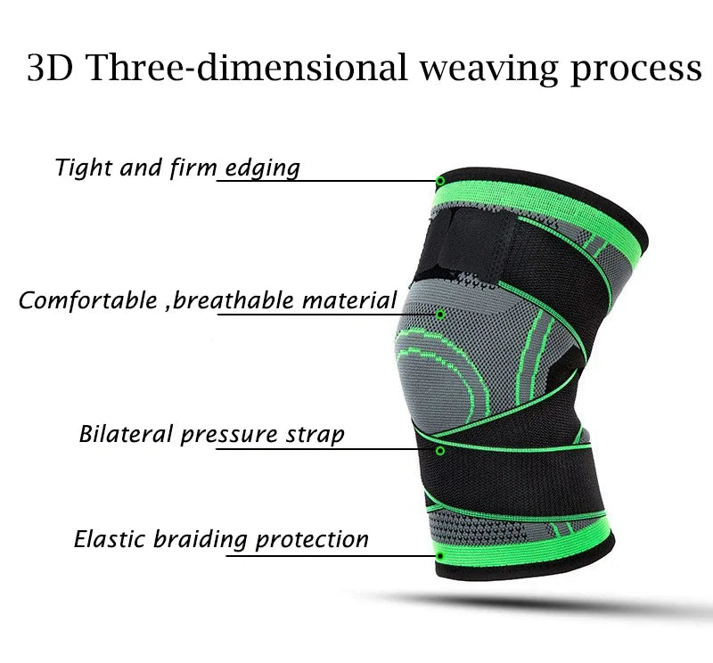 Black and neon green 3D woven knee pad with a bilateral pressure strap and elastic braiding protection.