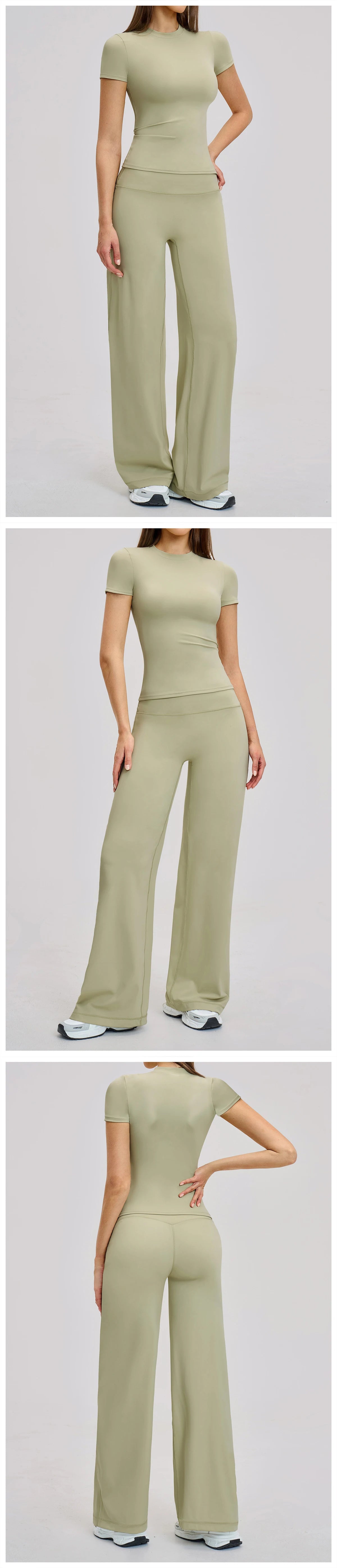 A woman models a sage green women's premium fitness tracksuit top and matching trousers.