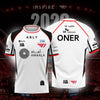 A white esports team jersey with black accents featuring sponsor logos and team name on the back.