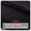 Close-up of a black knitted garment labeled as warm with text indicating super soft inside for increased comfort.