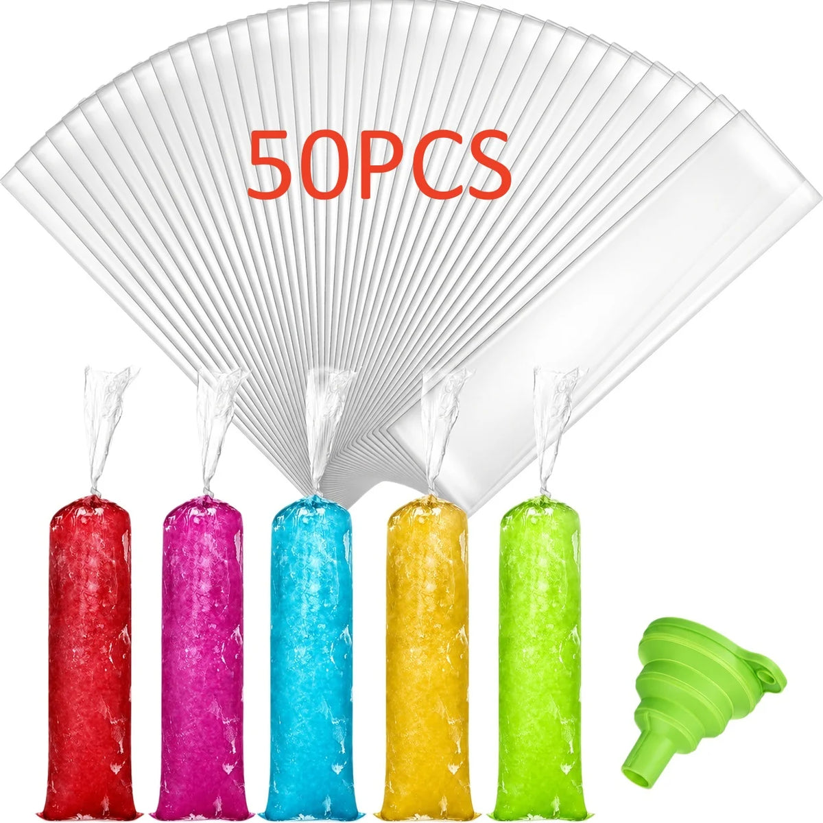 50 bolsas de moldes desechables para paletas en varios colores, incluyendo rojo, rosa, azul, amarillo y verde.