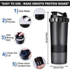 Instructions for using a leak-proof protein shaker bottle, showing steps to add water, powder, and mix.