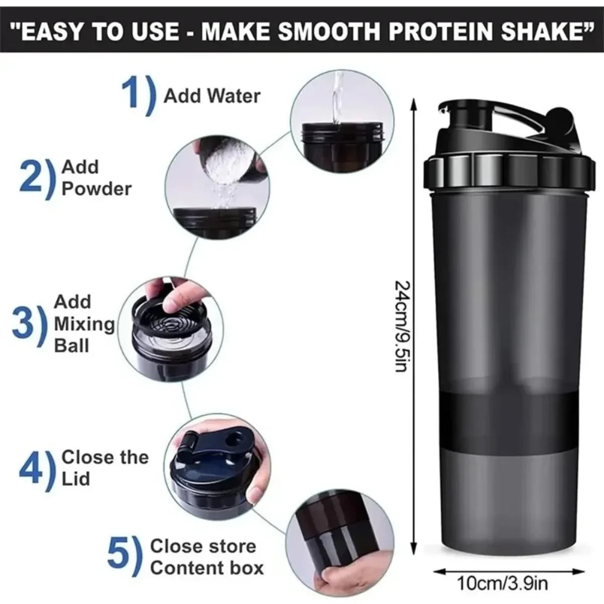 Instructions for using a leak-proof protein shaker bottle, showing steps to add water, powder, and mix.