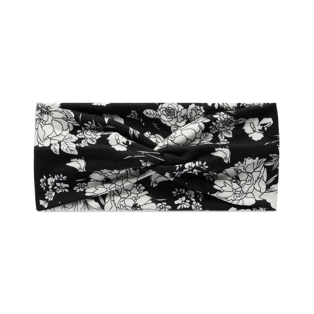 Black fabric headband with a white floral vintage print pattern.