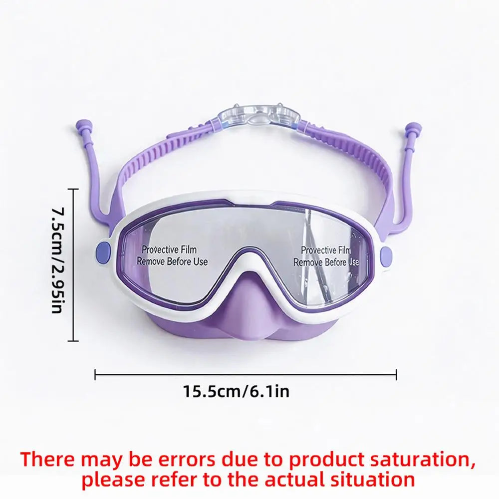 Purple kids swimming goggles with protective film lenses shown from above.