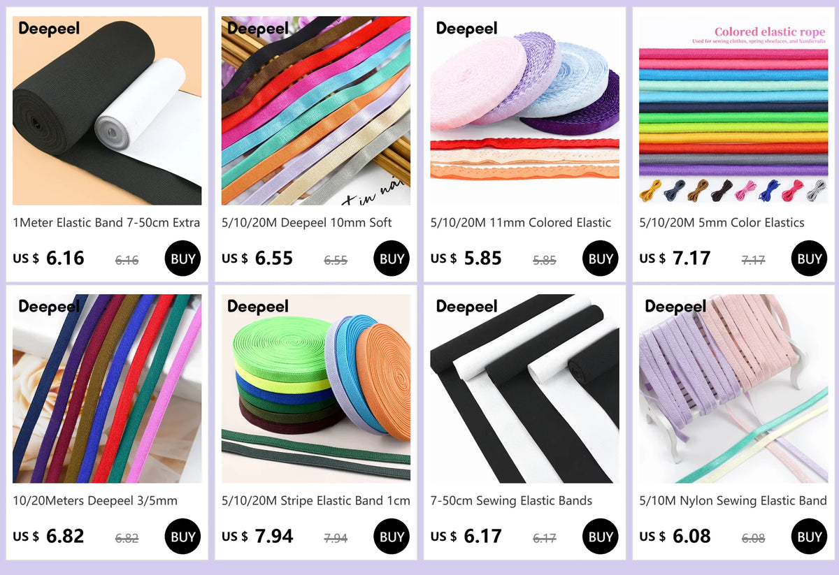 Various colored elastic bands including striped, solid, and nylon types for sewing and decoration