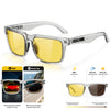 Clear acetate square photochromic sunglasses shown with various light conditions