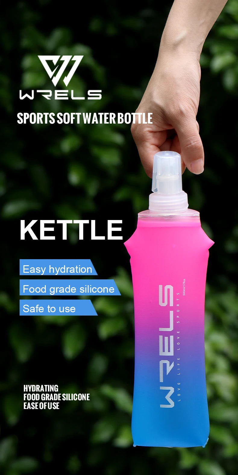 A hand holds a pink and blue silicone sports water bottle with a white cap against a blurred green background.