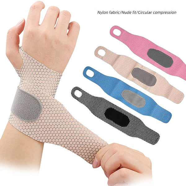 Various colors of nylon fabric wrist support braces shown being worn on a hand and wrist.