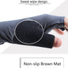 A close-up of a gray fingerless glove designed for sweat wipe and featuring a non-slip brown mat.