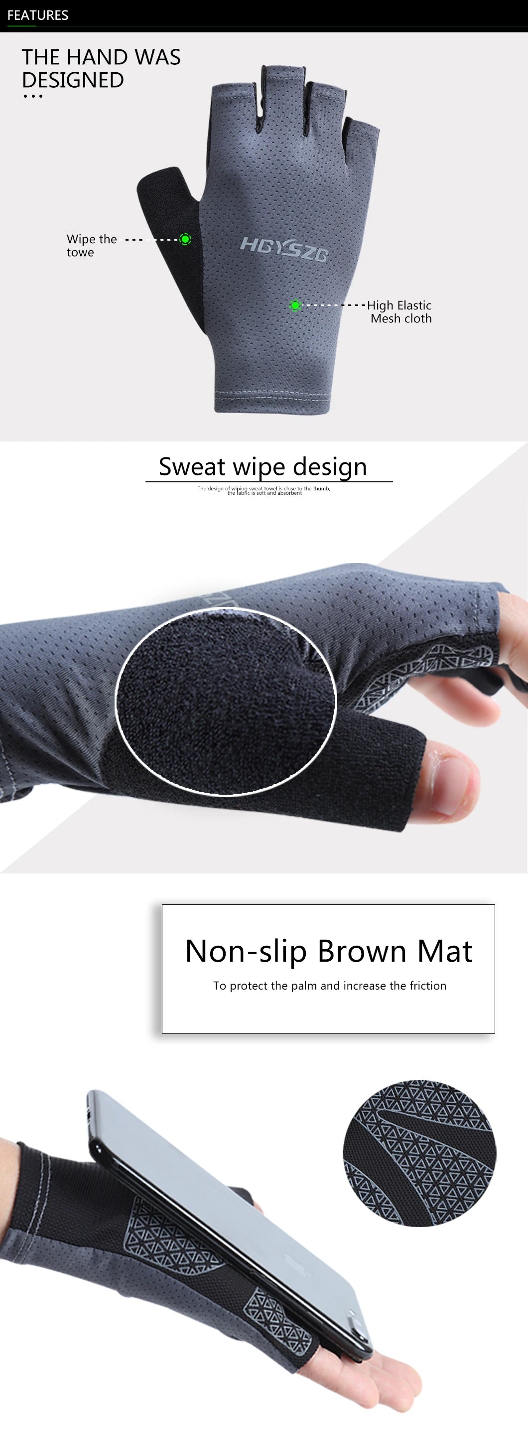 A close-up of a gray fingerless glove designed for sweat wipe and featuring a non-slip brown mat.