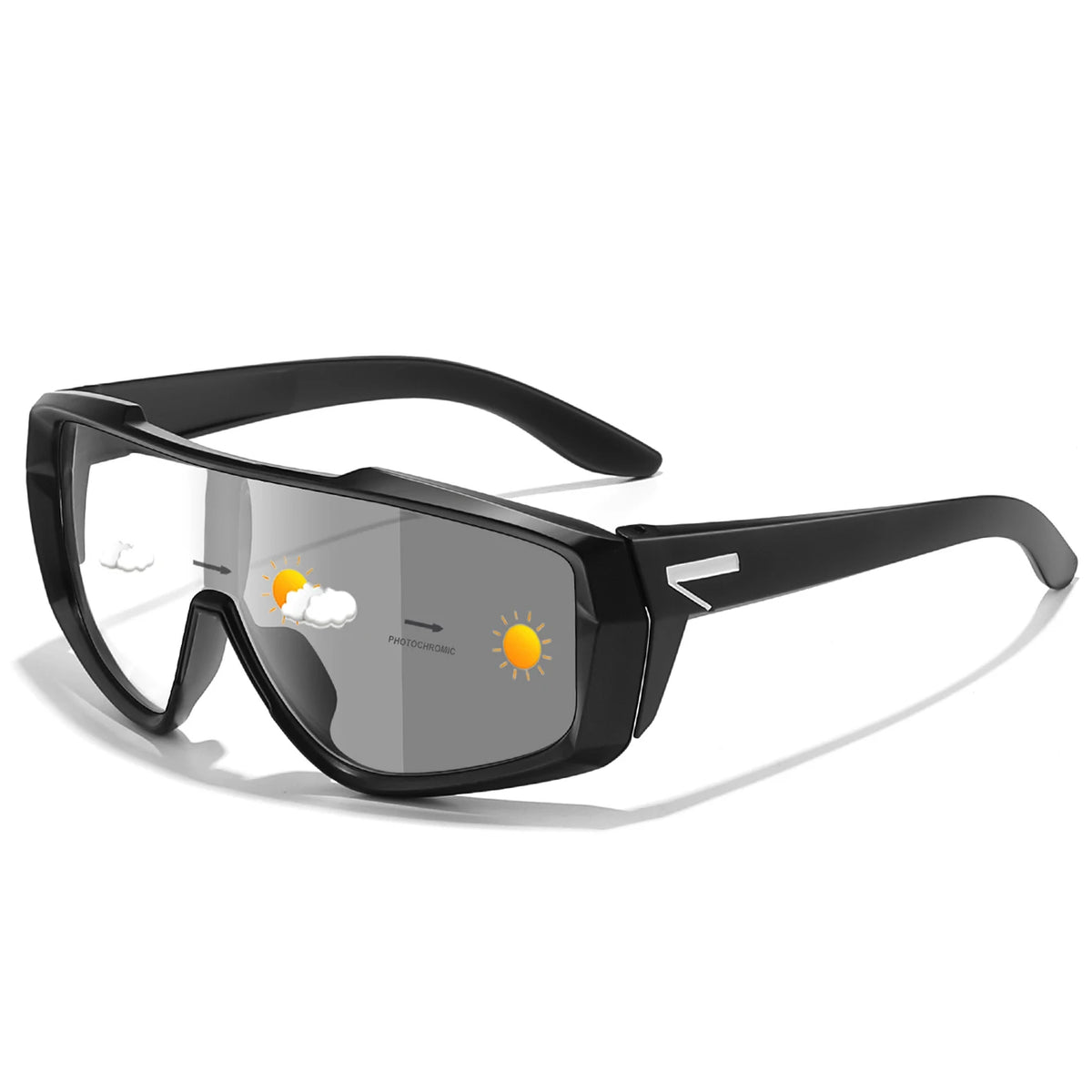 Black photochromic sports sunglasses with yellow lens tint shown against a white background.