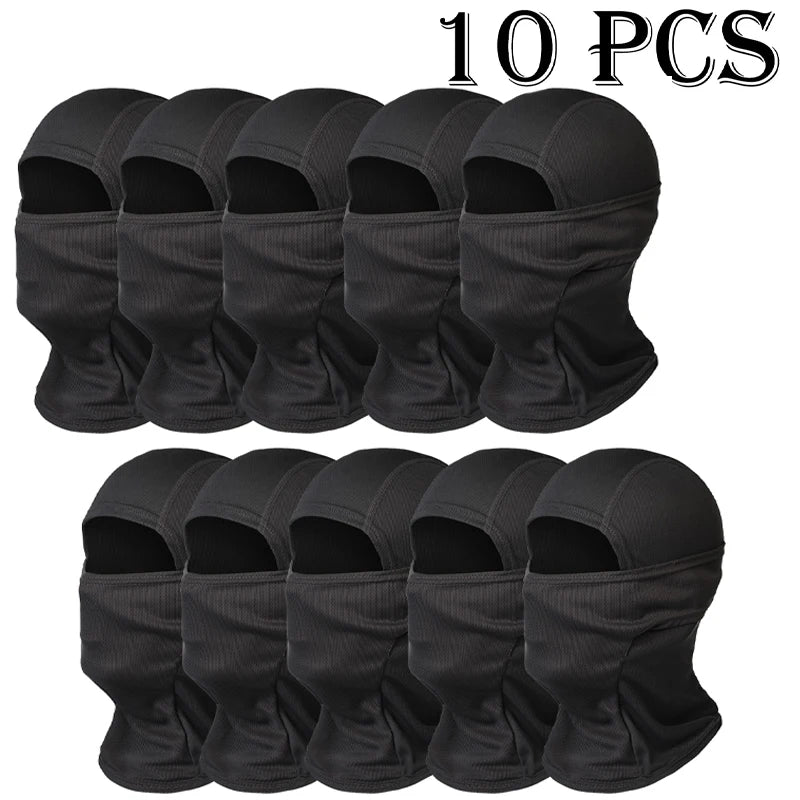 Ten black breathable mesh balaclava face masks displayed in a row.