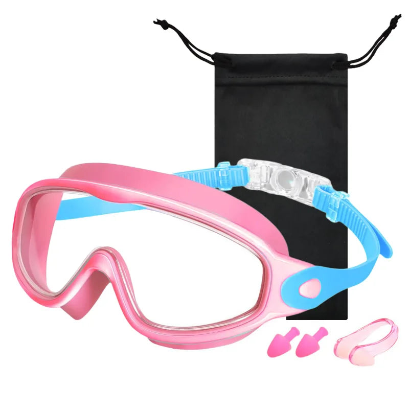 Pink swim goggles with blue accents and a black storage pouch