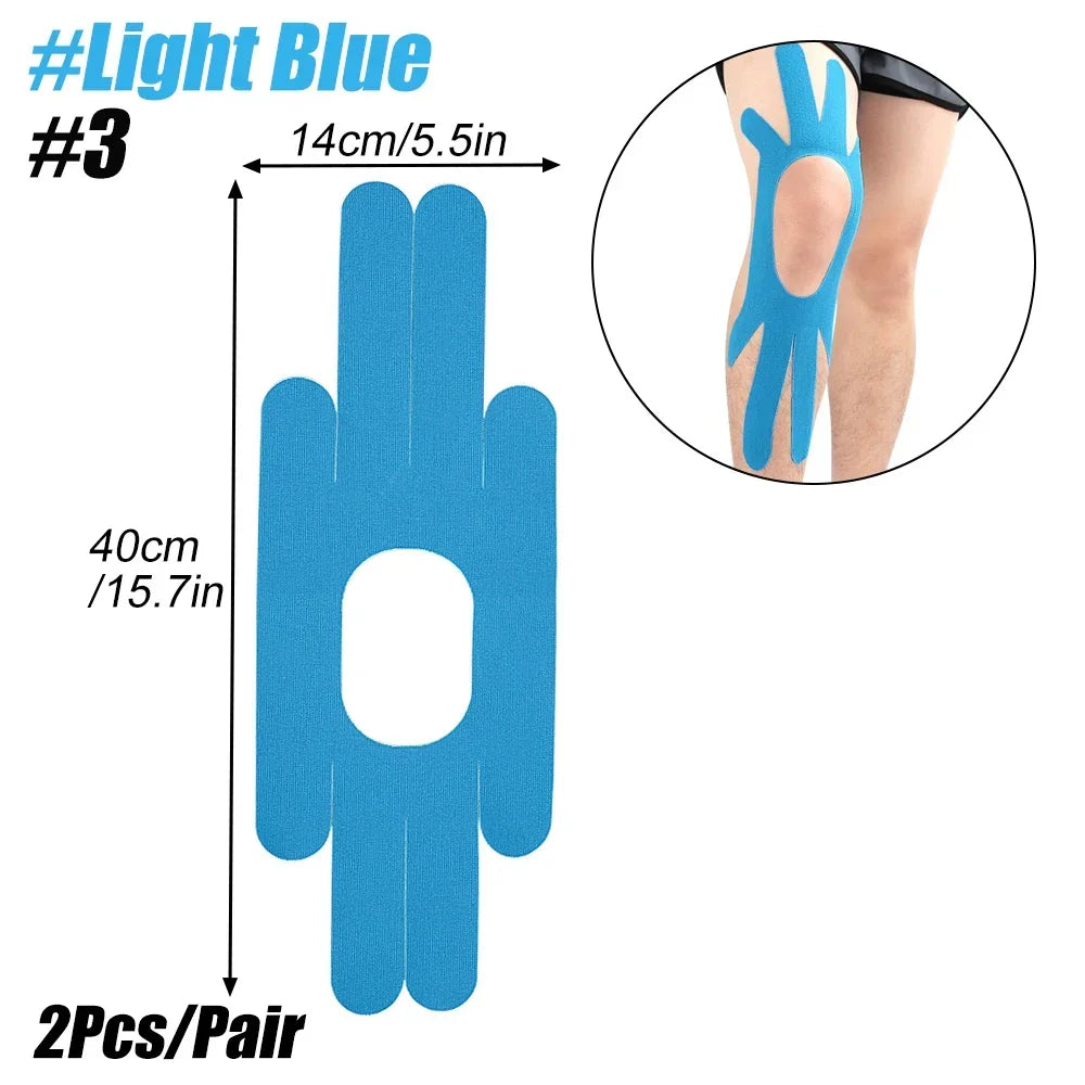 Light blue pre-cut kinesiology support tape shown on a hand and forearm.