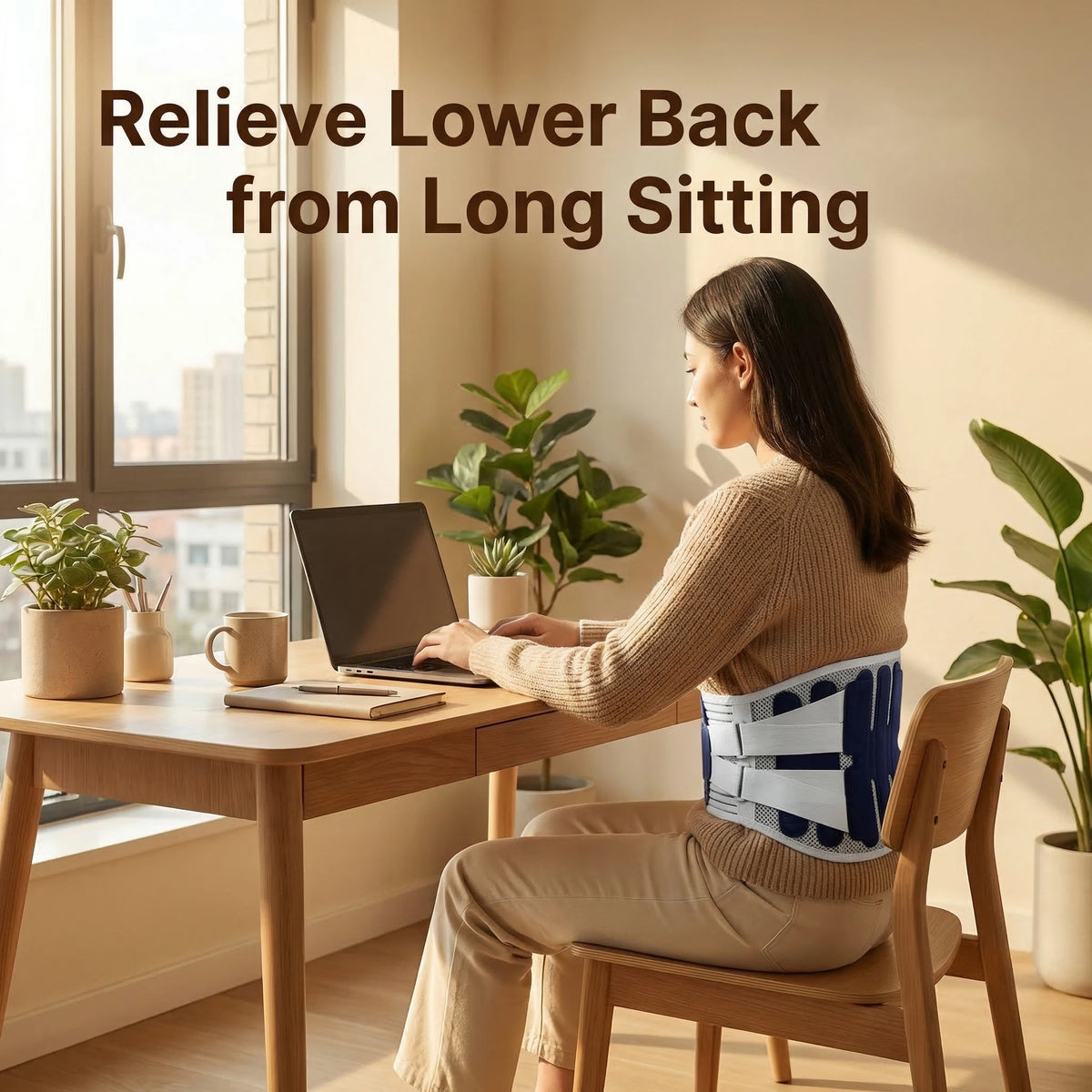 A woman sits at a desk using an adjustable lumbar support back brace while working on a laptop.