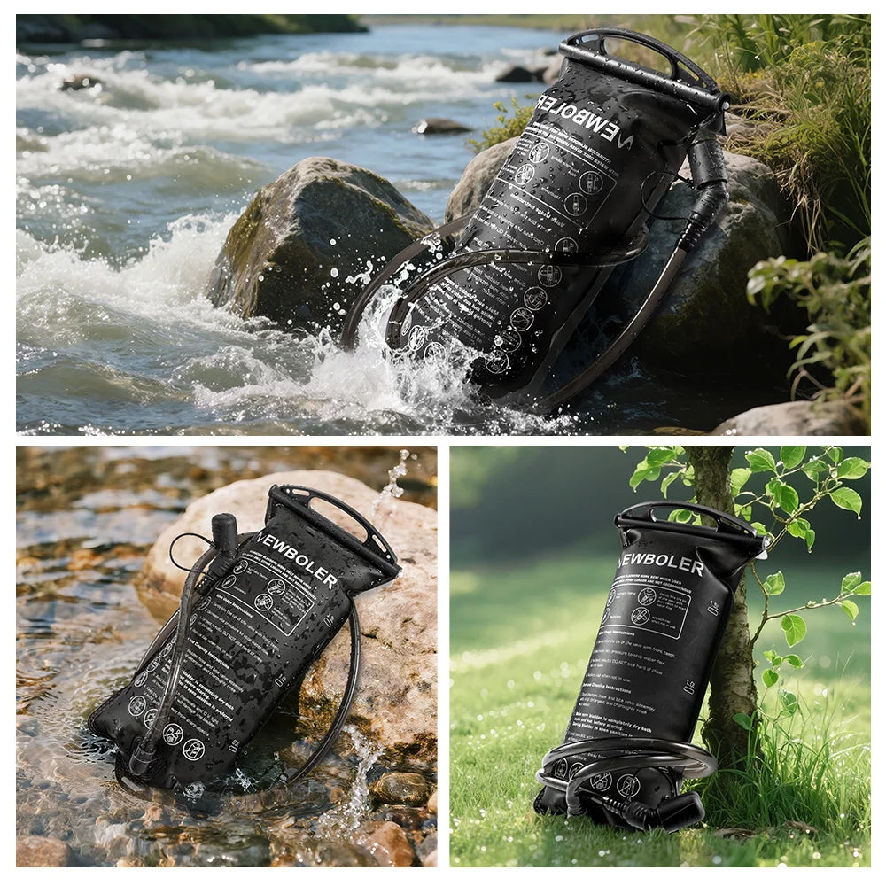 A black reusable water bladder hydration bag is shown being used in a flowing river environment.