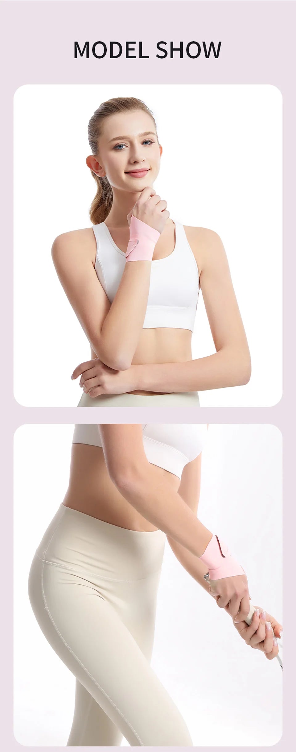 Una modelo demuestra una muñequera ajustable en su antebrazo mientras lleva ropa deportiva de colores claros.