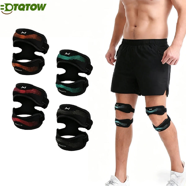 Various colored adjustable knee straps for pain relief shown on a model's leg.