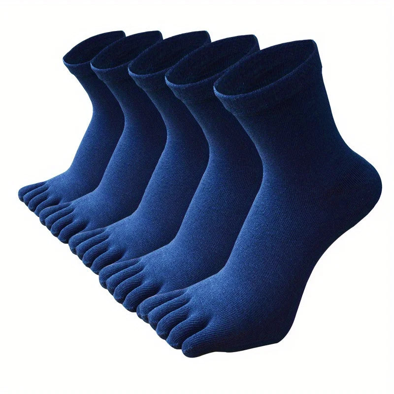 A stack of five navy blue men's breathable cotton split toe socks displayed against a white background.